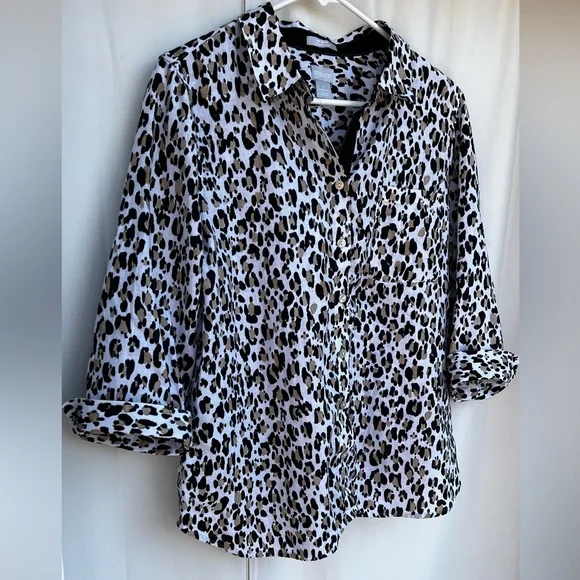 Chico's No Iron Linen Button Up Shirt Size 2 Leopard Print 3/4 Sleeve - Picture 3 of 11